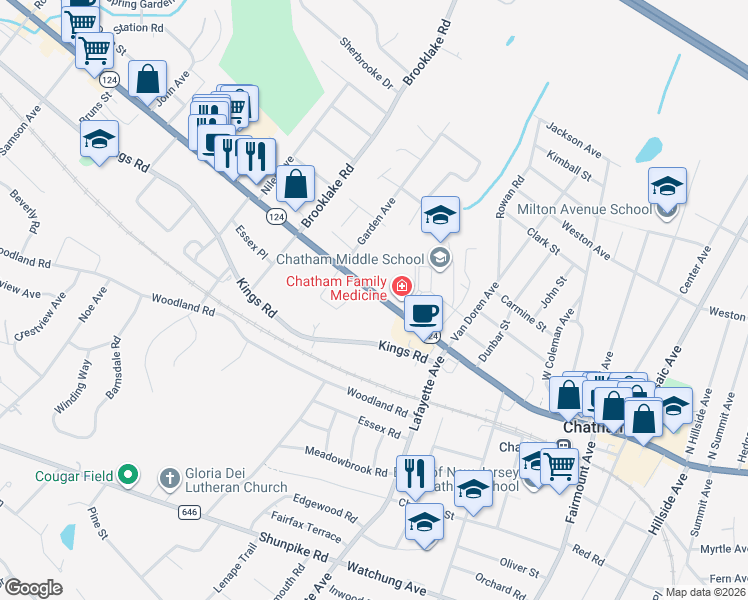 map of restaurants, bars, coffee shops, grocery stores, and more near 515 Main Street in Chatham Township