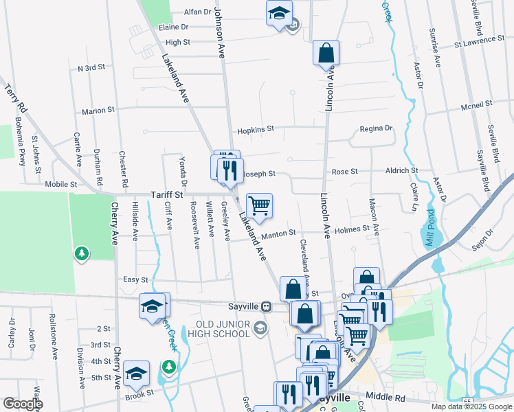 map of restaurants, bars, coffee shops, grocery stores, and more near 57 Manton Street in Sayville
