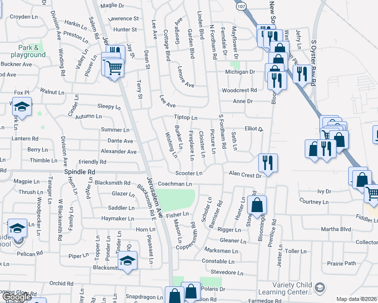 map of restaurants, bars, coffee shops, grocery stores, and more near 49 Fireplace Lane in Hicksville