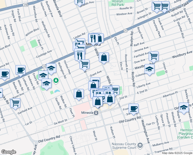 map of restaurants, bars, coffee shops, grocery stores, and more near 191 Garfield Avenue in Mineola