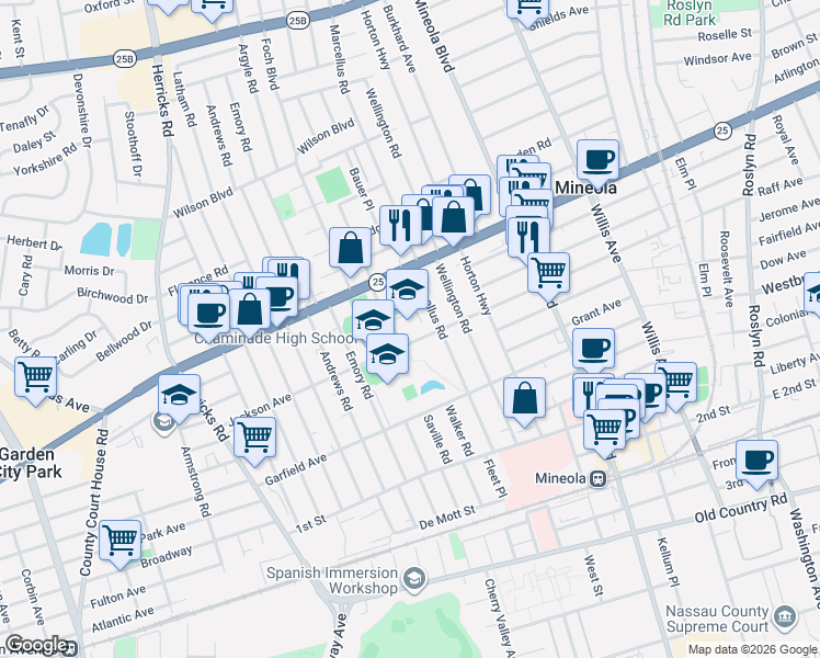 map of restaurants, bars, coffee shops, grocery stores, and more near 131 Saville Road in Mineola