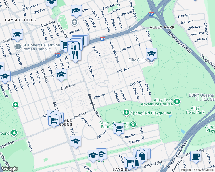 map of restaurants, bars, coffee shops, grocery stores, and more near 223-7 69th Avenue in Queens