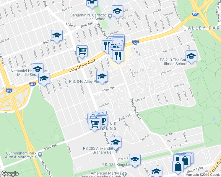 map of restaurants, bars, coffee shops, grocery stores, and more near 21912 67th Avenue in Queens