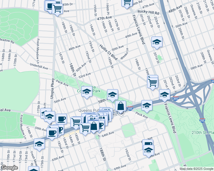 map of restaurants, bars, coffee shops, grocery stores, and more near 192-17 Underhill Avenue in Queens