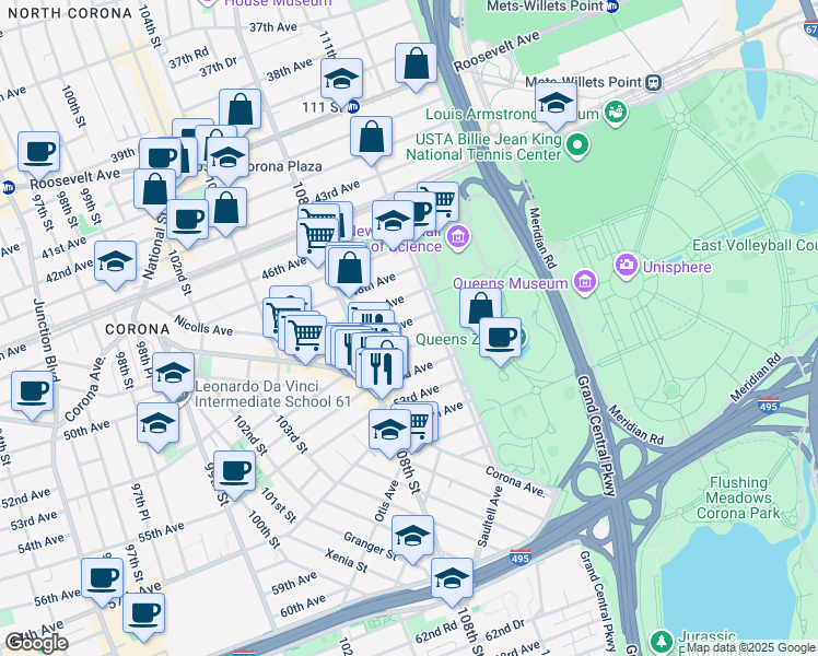 map of restaurants, bars, coffee shops, grocery stores, and more near 108-37 51st Avenue in Queens