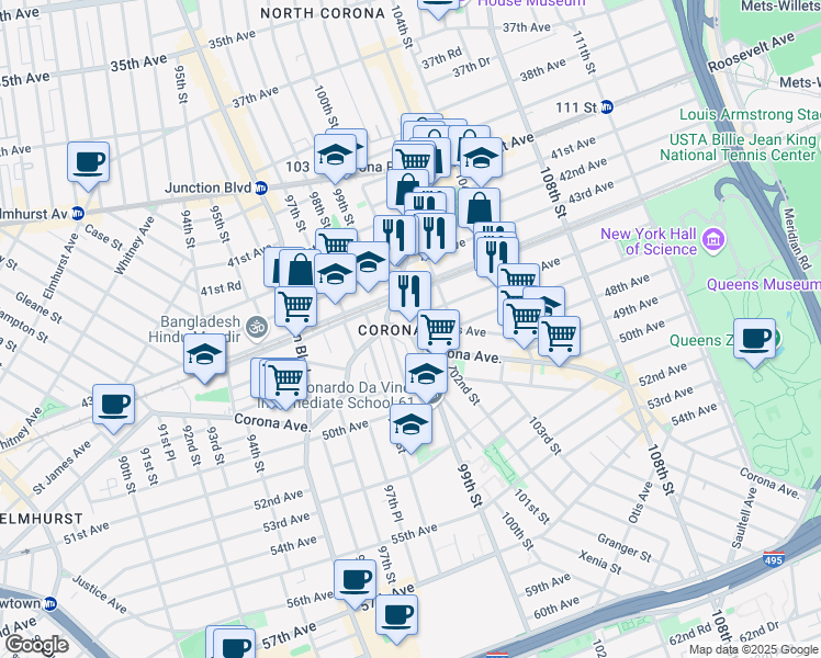map of restaurants, bars, coffee shops, grocery stores, and more near 99-10 Corona Avenue in Queens