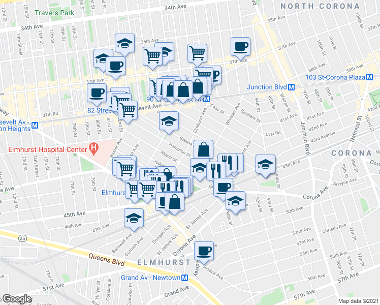 map of restaurants, bars, coffee shops, grocery stores, and more near 42-12 Hampton Street in Queens