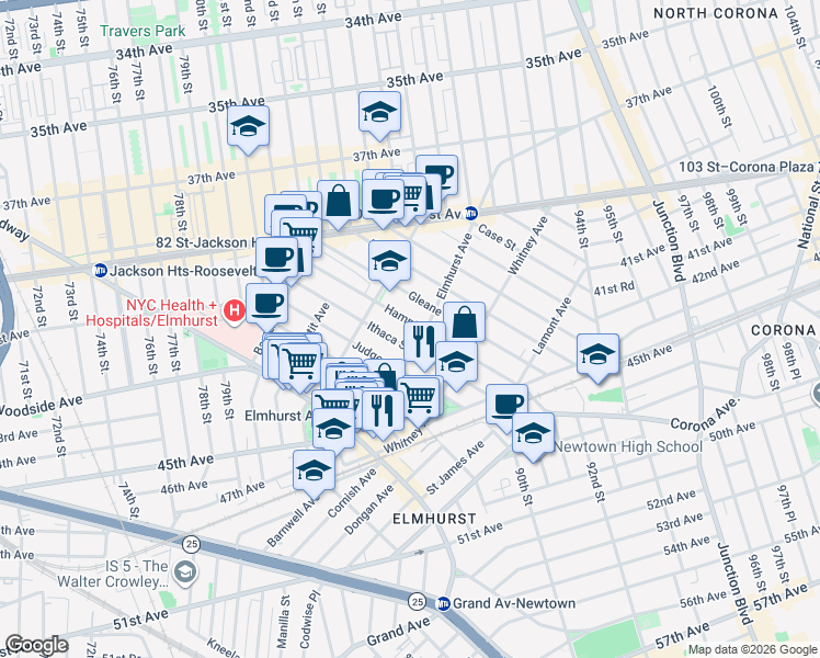map of restaurants, bars, coffee shops, grocery stores, and more near 41-42 Ithaca Street in Queens