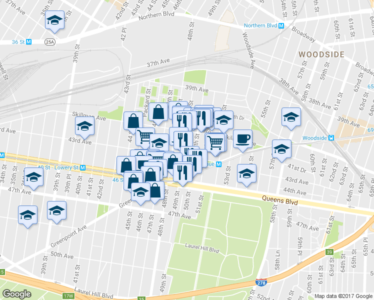 map of restaurants, bars, coffee shops, grocery stores, and more near 49-2 43rd Avenue in Queens