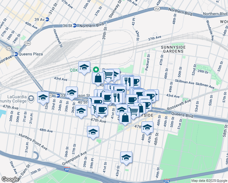 map of restaurants, bars, coffee shops, grocery stores, and more near in Queens