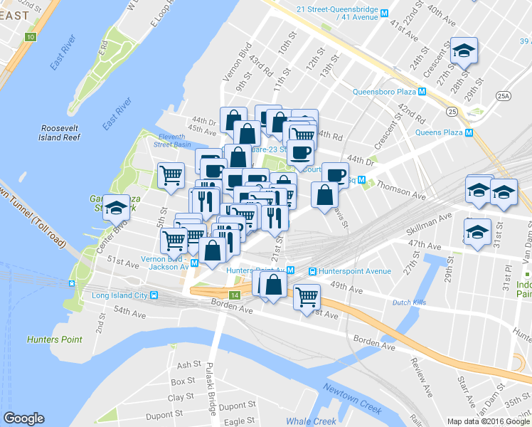 map of restaurants, bars, coffee shops, grocery stores, and more near in Queens
