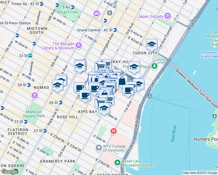 map of restaurants, bars, coffee shops, grocery stores, and more near 239 East 33rd Street in New York