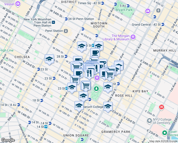 map of restaurants, bars, coffee shops, grocery stores, and more near 1155-1157 Broadway in New York