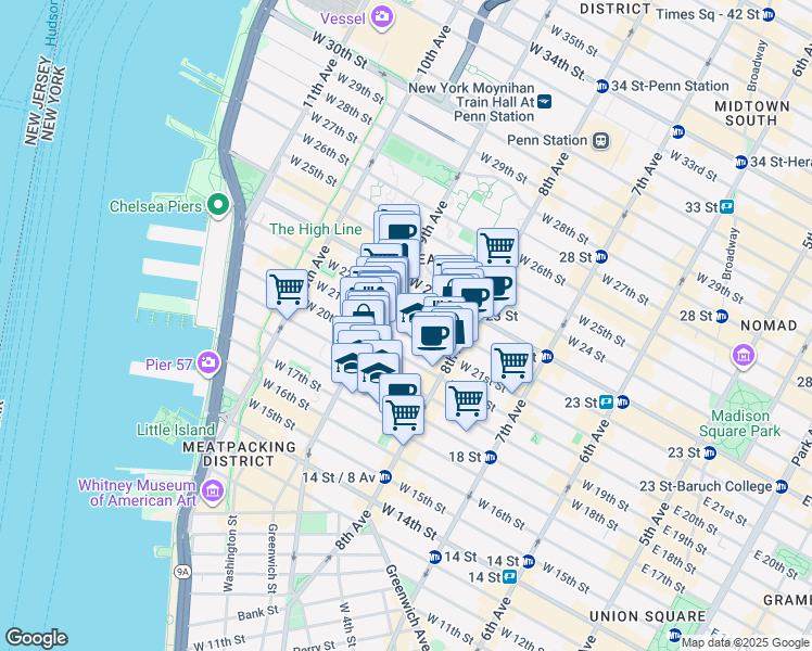 map of restaurants, bars, coffee shops, grocery stores, and more near 326 West 21st Street in New York