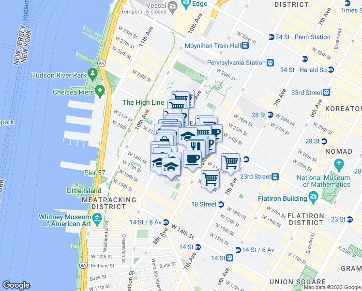 map of restaurants, bars, coffee shops, grocery stores, and more near 326 West 21st Street in New York