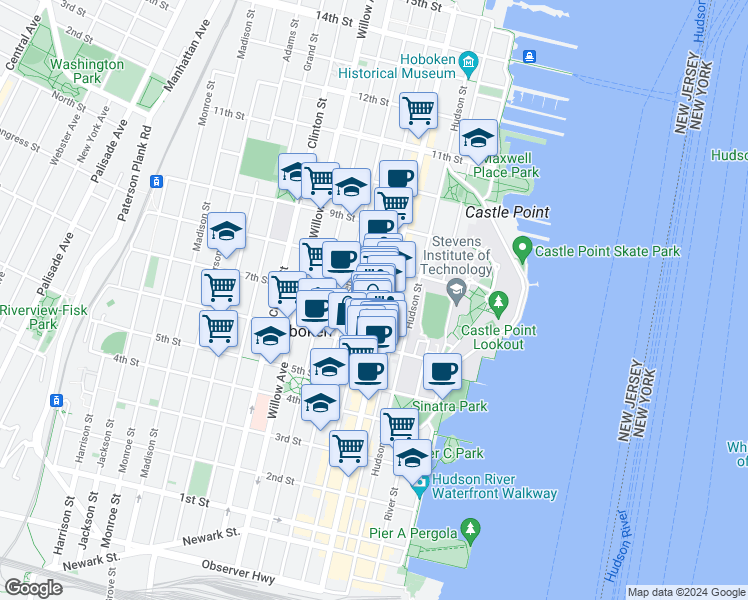 map of restaurants, bars, coffee shops, grocery stores, and more near 631 Bloomfield Street in Hoboken