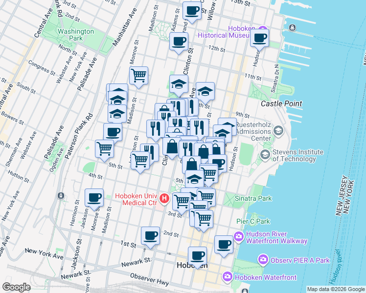 map of restaurants, bars, coffee shops, grocery stores, and more near in Hoboken