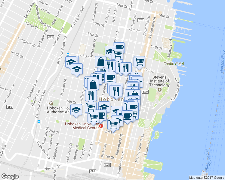 map of restaurants, bars, coffee shops, grocery stores, and more near in Hoboken