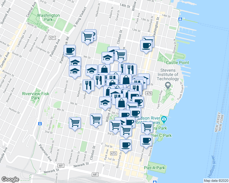 map of restaurants, bars, coffee shops, grocery stores, and more near in Hoboken