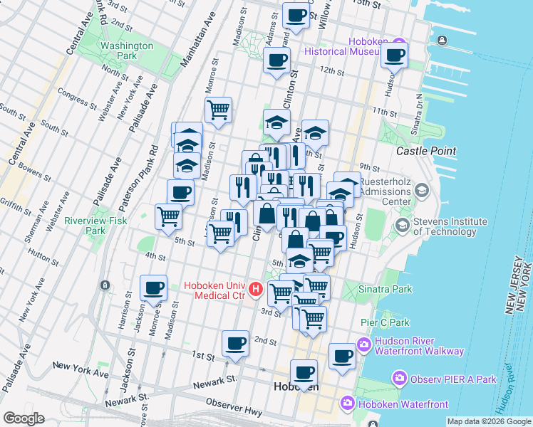 map of restaurants, bars, coffee shops, grocery stores, and more near in Hoboken