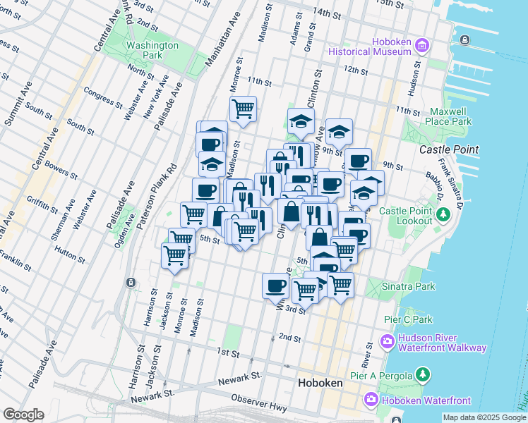 map of restaurants, bars, coffee shops, grocery stores, and more near 358 6th Street in Hoboken