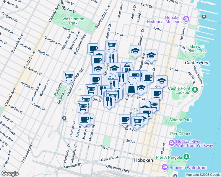 map of restaurants, bars, coffee shops, grocery stores, and more near 533 Adams Street in Hoboken