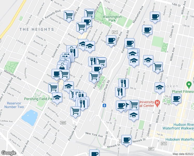 map of restaurants, bars, coffee shops, grocery stores, and more near 246 New York Avenue in Jersey City