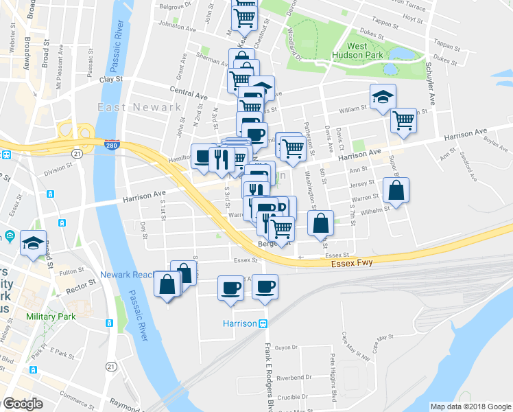 map of restaurants, bars, coffee shops, grocery stores, and more near 319 Warren Street in Harrison