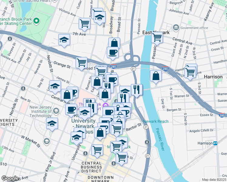 map of restaurants, bars, coffee shops, grocery stores, and more near 1 Washington Street in Newark