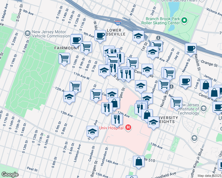 map of restaurants, bars, coffee shops, grocery stores, and more near 116 Georgia King Village in Newark