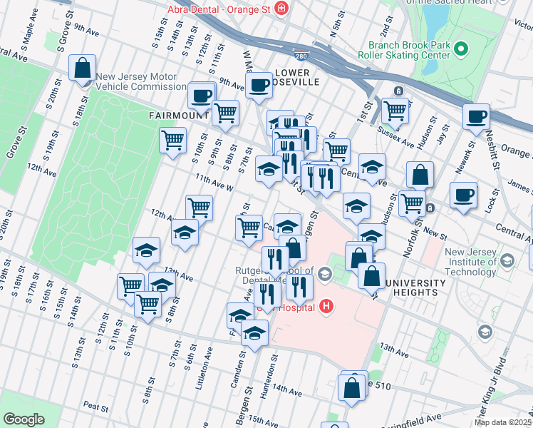 map of restaurants, bars, coffee shops, grocery stores, and more near 134 Littleton Avenue in Newark