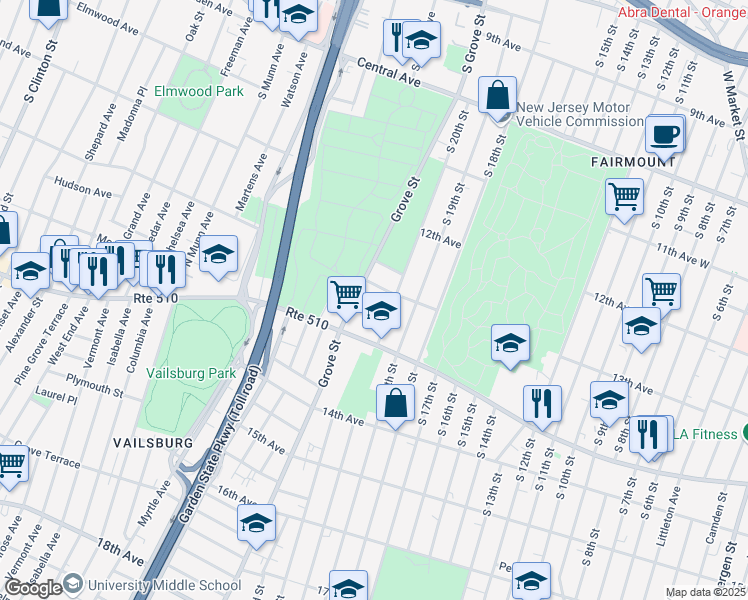 map of restaurants, bars, coffee shops, grocery stores, and more near 8-14 Ferdinand Street in Newark