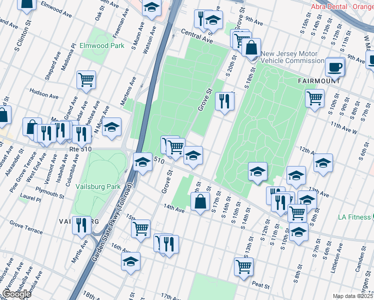 map of restaurants, bars, coffee shops, grocery stores, and more near 8-14 Ferdinand Street in Newark