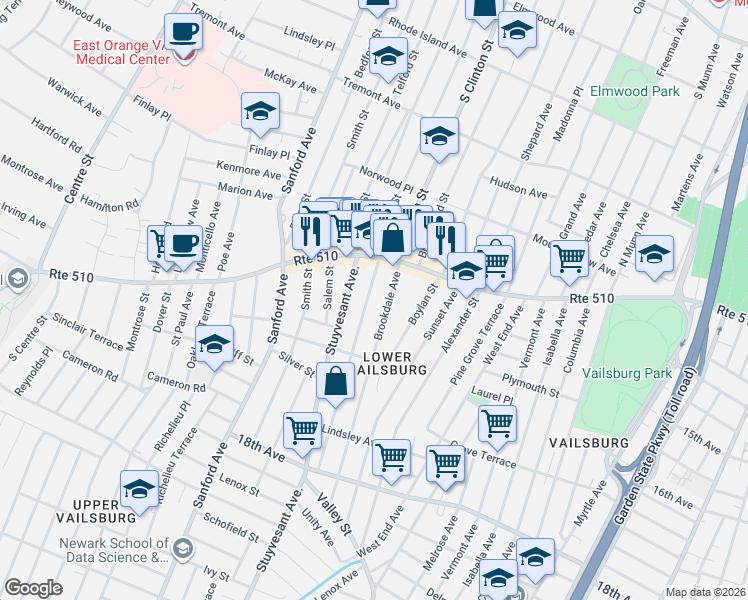 map of restaurants, bars, coffee shops, grocery stores, and more near 52 Brookdale Avenue in Newark