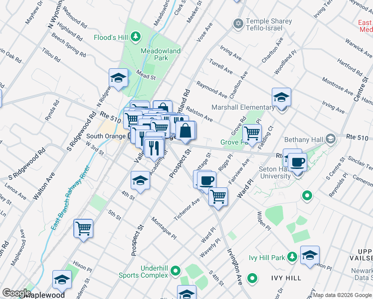 map of restaurants, bars, coffee shops, grocery stores, and more near 121 Irvington Avenue in South Orange