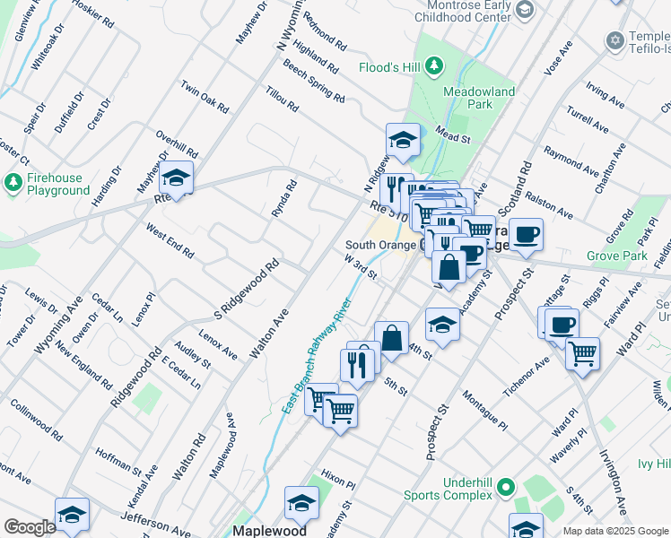 map of restaurants, bars, coffee shops, grocery stores, and more near 181 Church Street in South Orange