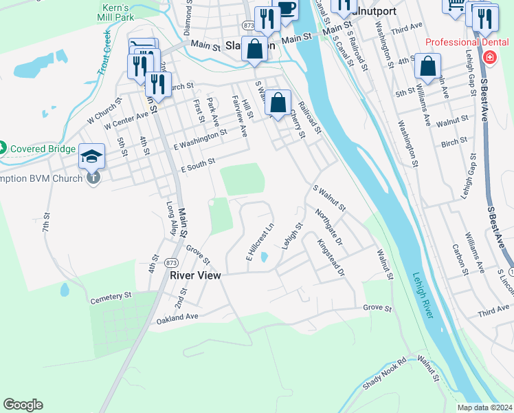 map of restaurants, bars, coffee shops, grocery stores, and more near 2532 Park Circle in Slatington