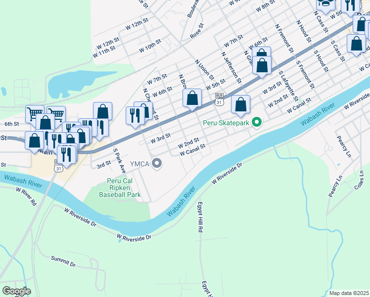 map of restaurants, bars, coffee shops, grocery stores, and more near 551-599 West Canal Street in Peru