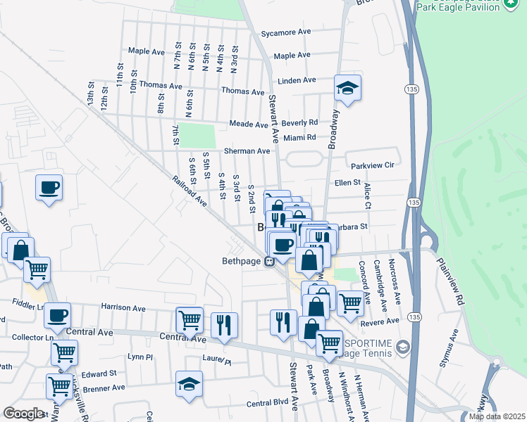 map of restaurants, bars, coffee shops, grocery stores, and more near 40 Burkhardt Avenue in Bethpage