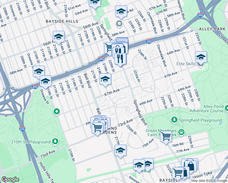 map of restaurants, bars, coffee shops, grocery stores, and more near 219th Street in Queens