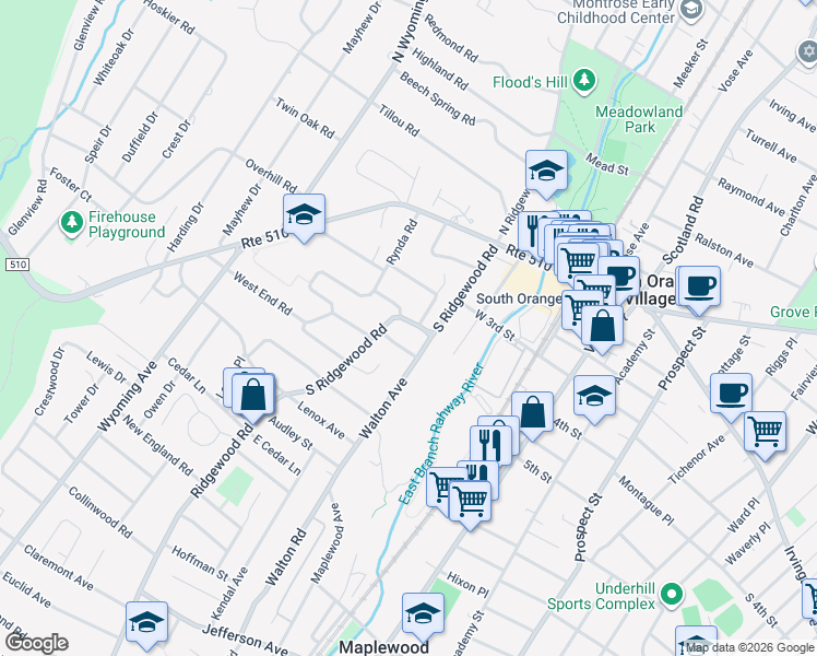map of restaurants, bars, coffee shops, grocery stores, and more near 203 Edgewood Terrace in South Orange