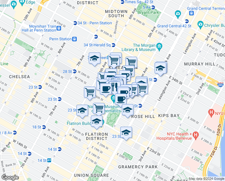 map of restaurants, bars, coffee shops, grocery stores, and more near 5 West 28th Street in New York