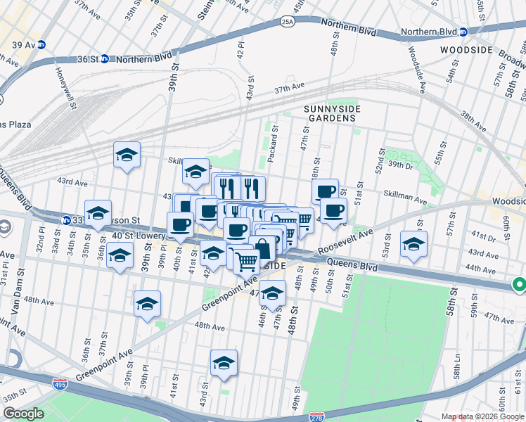 map of restaurants, bars, coffee shops, grocery stores, and more near 43-42 45th Street in Queens