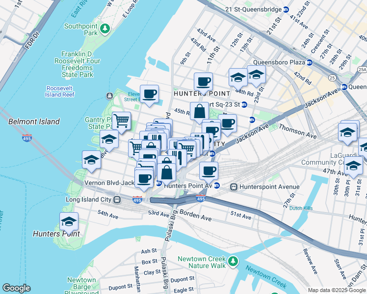 map of restaurants, bars, coffee shops, grocery stores, and more near 10-49 47th Road in Queens