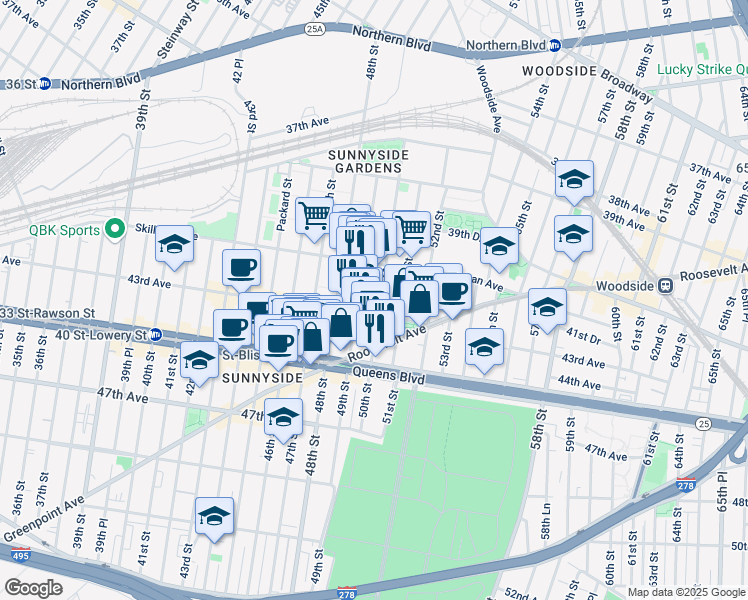 map of restaurants, bars, coffee shops, grocery stores, and more near 49-2 43rd Avenue in Queens