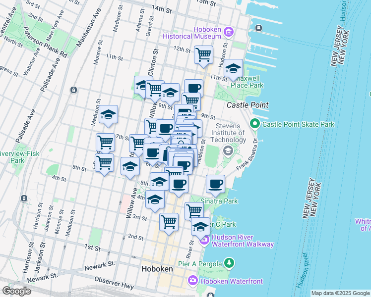 map of restaurants, bars, coffee shops, grocery stores, and more near 631 Bloomfield Street in Hoboken