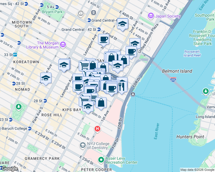 map of restaurants, bars, coffee shops, grocery stores, and more near 320 East 35th Street in New York