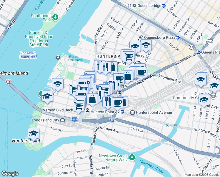 map of restaurants, bars, coffee shops, grocery stores, and more near 11-15 47th Avenue in Queens