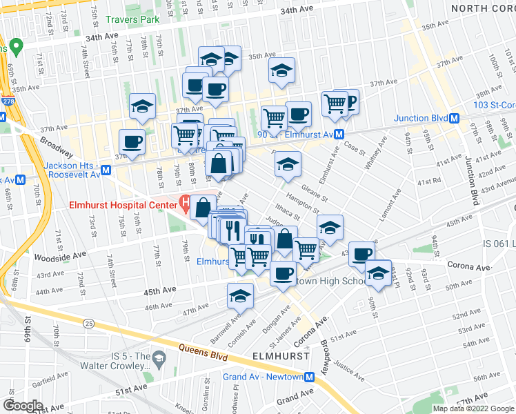 map of restaurants, bars, coffee shops, grocery stores, and more near 41-67 Judge Street in Queens