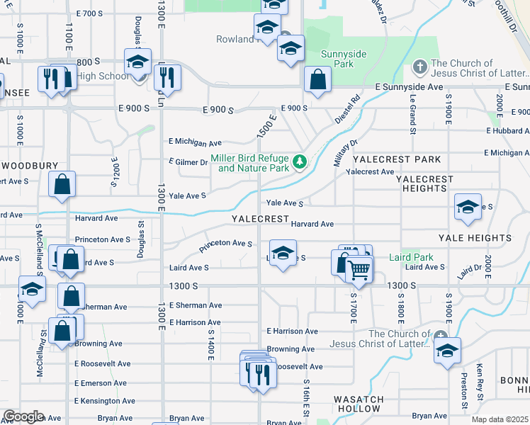 map of restaurants, bars, coffee shops, grocery stores, and more near 1511 Harvard Avenue in Salt Lake City